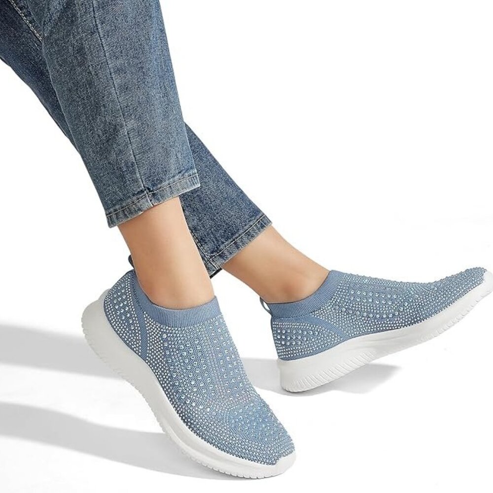 (US 11) BELOS Women's Rhinestone Mesh Slip On Walking Shoes Fashion Breathable